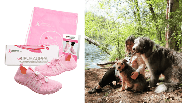 Kipukaupan työntekijä Roosa nauha -paljasjalkakenkien taustalla