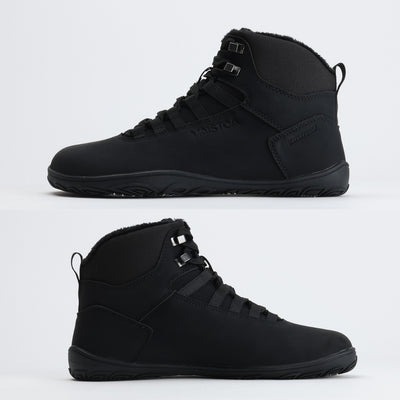 Noenmusta Vaistoa Uoma Talvi 3 -kenkäpari kuvattuna sivusuunnasta, mediaali- ja lateraalipuolelta. Kuvassa näkyy tasainen zero drop -pohja ja vedenpitävä rakenne.