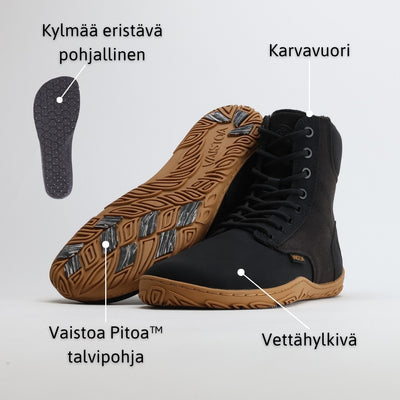 Infografiikka mustasta Vaistoa Hurmos 2 -paljasjalkamaiharista. Kuvassa korostetaan vettähylkivää pintaa, karvavuorta, kylmää eristävää pohjallista ja Vaistoa Pitoa™ -talvipohjaa.