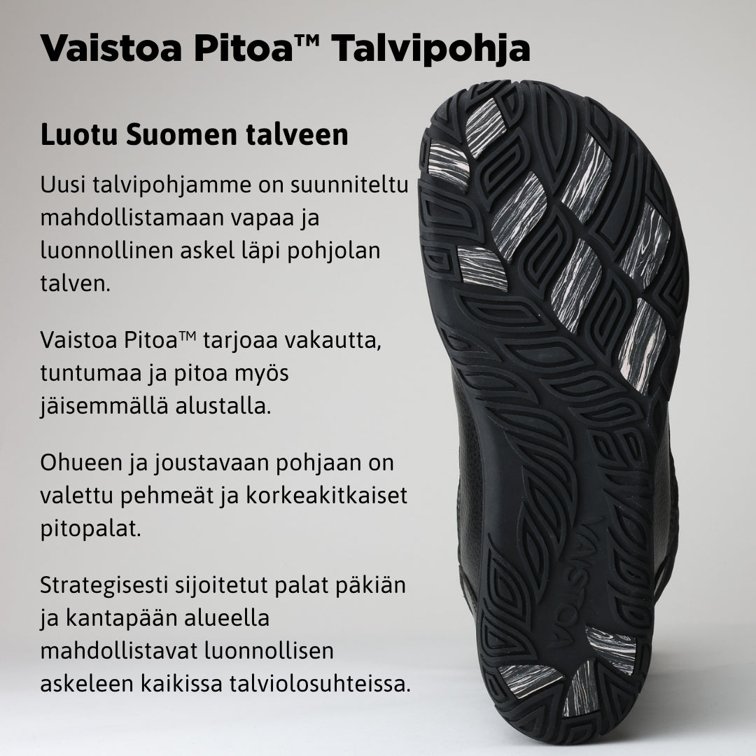 Vaistoa Hanki – korkeavartiset paljasjalkakengät talveen, väri musta. Infografiikka Vaistoa Pitoa™ -talvipohjasta ja sen kitkapaloista, jotka parantavat pitoa liukkailla ja lumisilla pinnoilla.