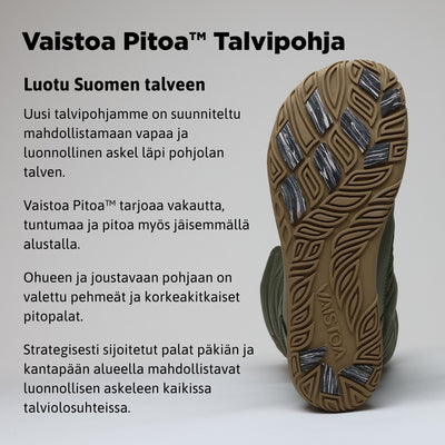 Vaistoa Hanki – korkeavartiset paljasjalkakengät talveen, väri oliivinvihreä. Infografiikka Vaistoa Pitoa™ -talvipohjasta, joka lisää pitoa ja vakautta liukkaissa talviolosuhteissa.