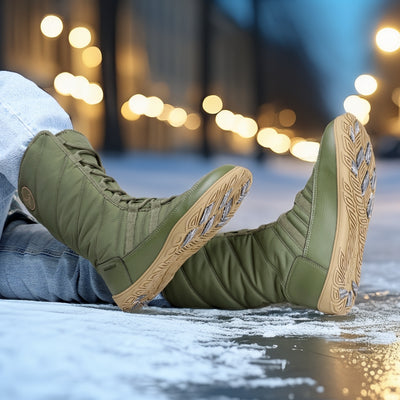 Vaistoa Hanki – korkeavartiset paljasjalkakengät talveen, väri oliivinvihreä. Käyttökuva: henkilö istuu lumella siniset farkut jalassa, taustalla kaupungin ilta ja valot luovat lämpimän talvitunnelman.