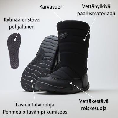 Vaistoa Kinos – lasten korkeavartiset paljasjalkakengät talveen, väri musta. Infografiikka kengän ominaisuuksista.
