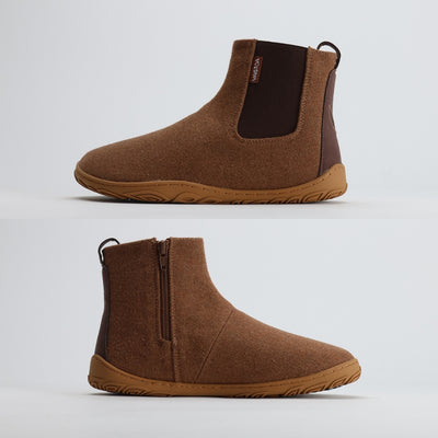 Kaksi kuvaa vierekkäin esittävät Vaistoa Sulo -huopanilkkurin molemmat sivut. Toisella puolella näkyy joustava resori ja toisella puolella vetoketju, joka helpottaa pukemista. Kuvassa korostuu kengän tasainen zero drop -pohja, joka tukee luonnollista asentoa ja askellusta.