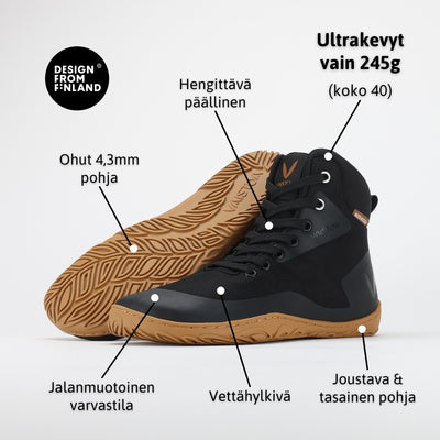 vaistoa tuohi paljasjalkaretkeilykengät mustat ominaisuudet